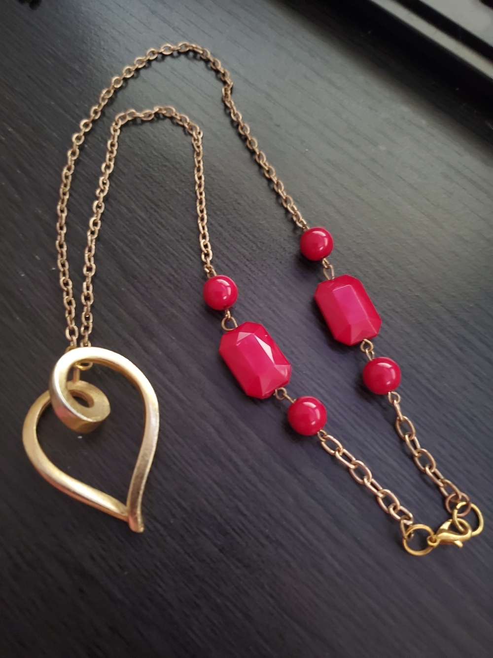 Gold-Tone Heart Pendant Necklace with Red Bead Accents